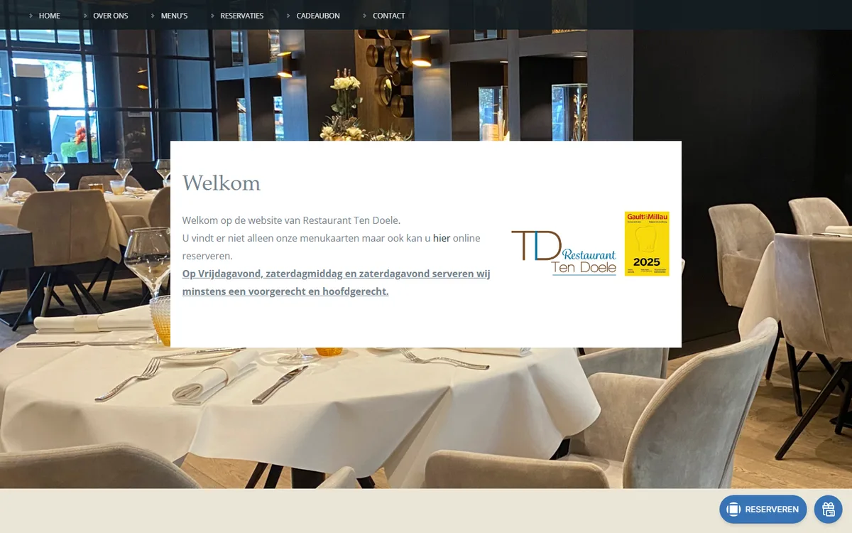Screenshot van de website van Restaurant Ten Doele